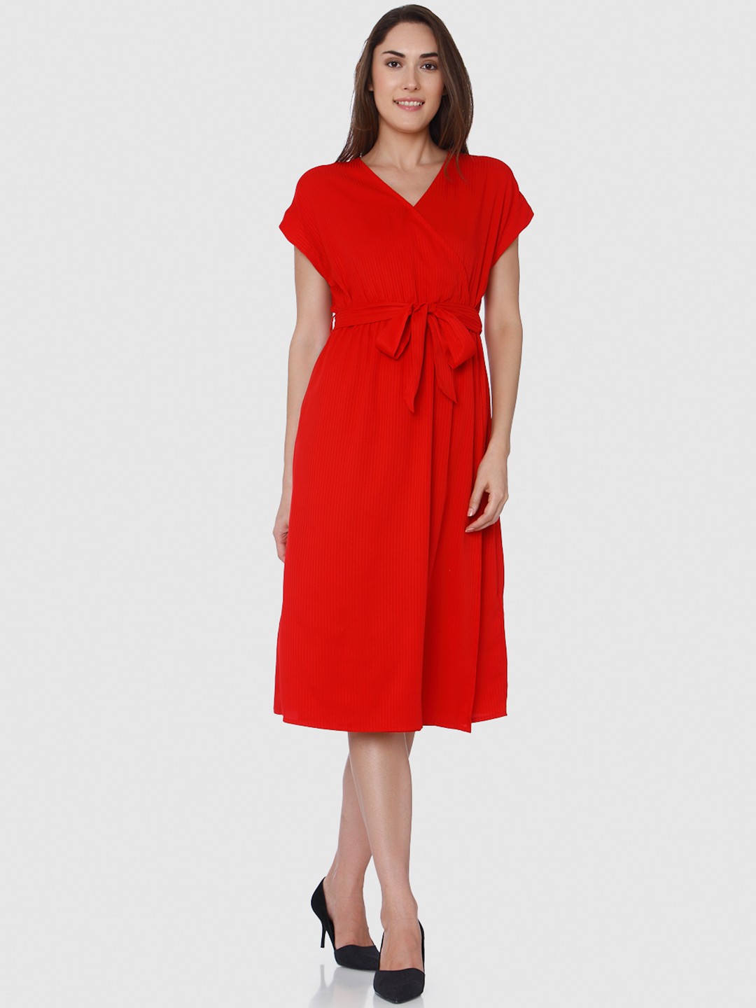 

Vero Moda Women Red Striped Wrap Dress