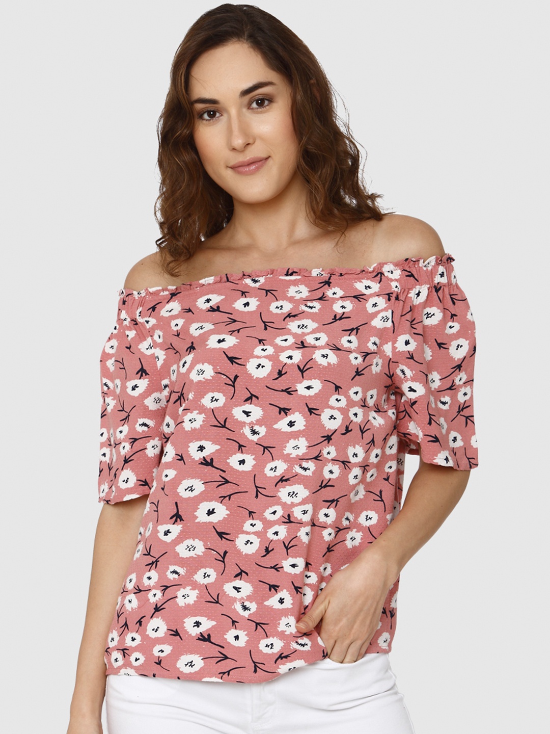 

Vero Moda Women Pink Printed Off-Shoulder Bardot Top