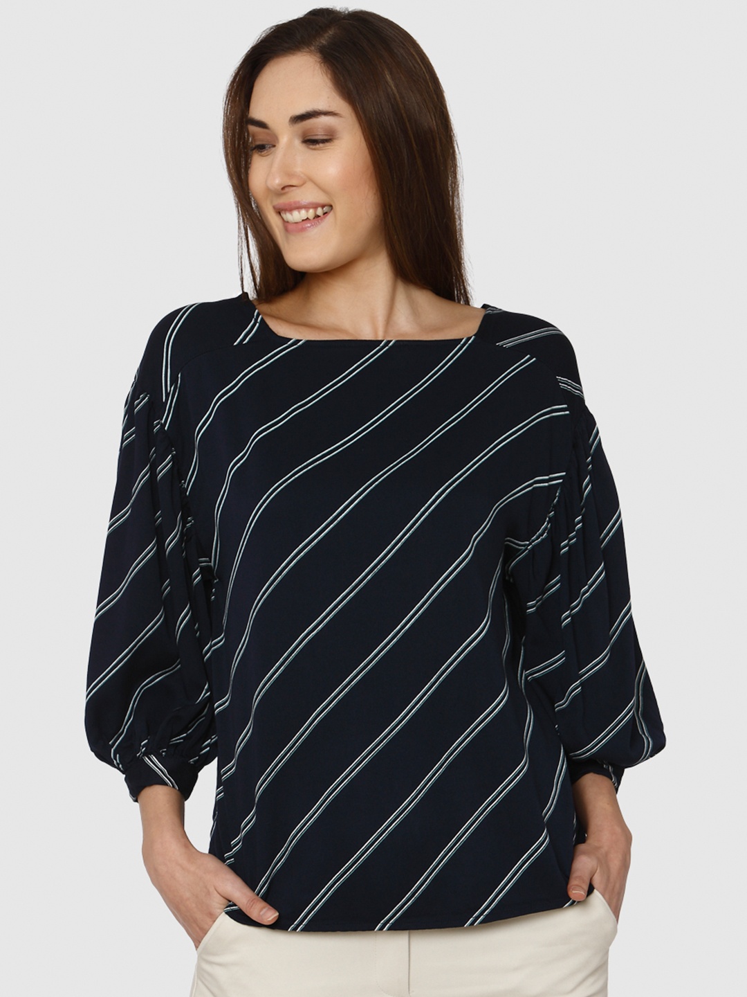 

Vero Moda Women Navy & White Striped Top, Navy blue
