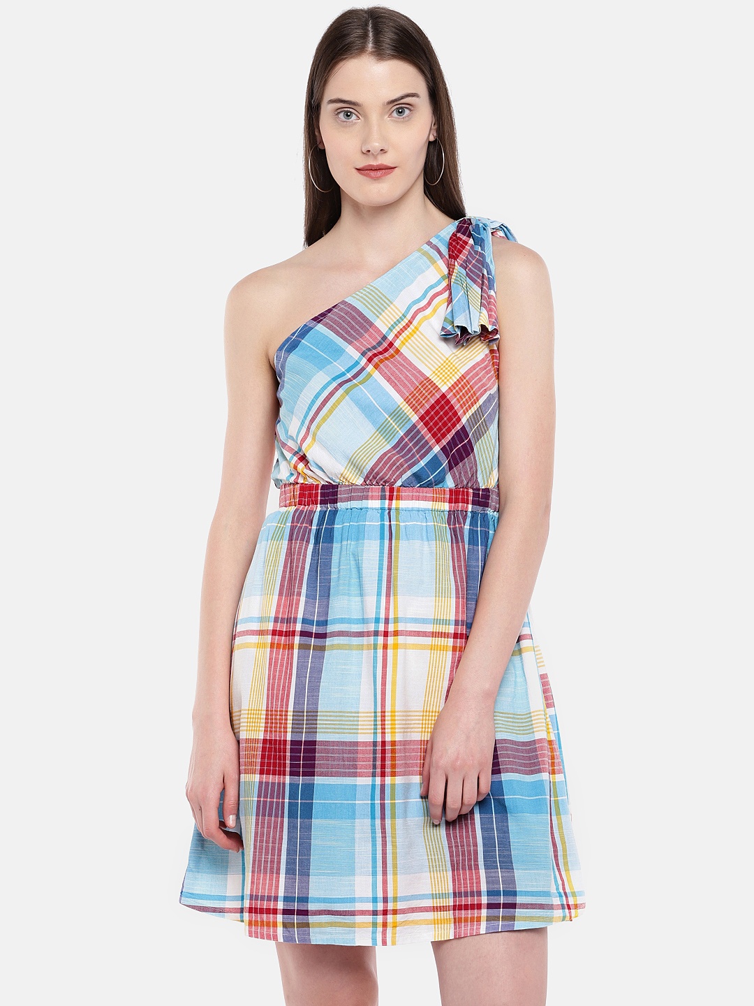 

Vero Moda Women White Checked One Shoulder Fit and Flare Dress