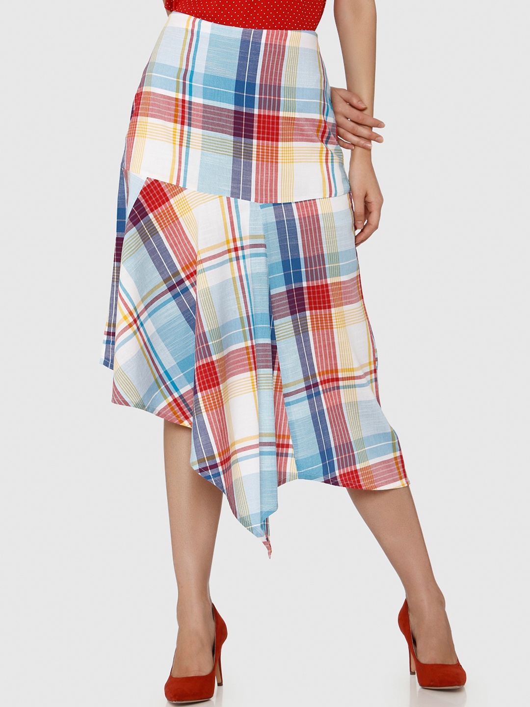 

Vero Moda Women Blue & Red Checked A-Line Midi Skirt