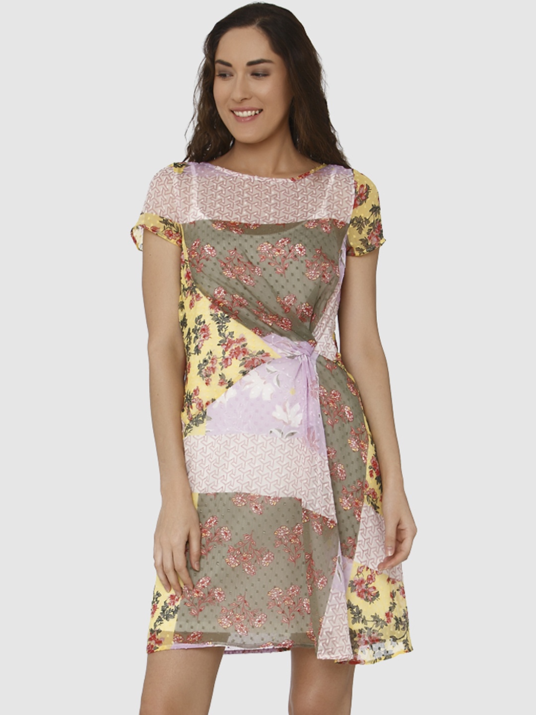 

Vero Moda Women Pink & Yellow Printed A-Line Dress