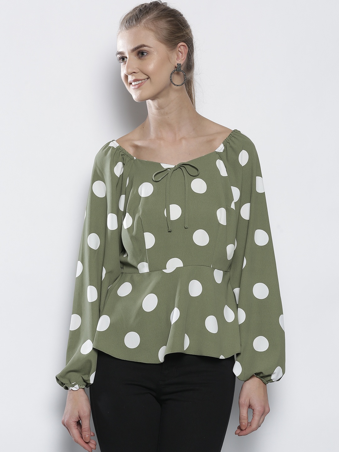 

DOROTHY PERKINS Women Olive Green & White Polka Dot Print Bardot Top
