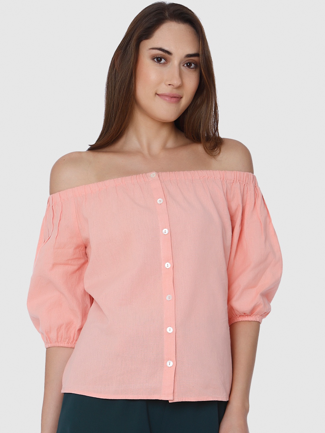 

Vero Moda Women Coral Solid Bardot Pure Cotton Top