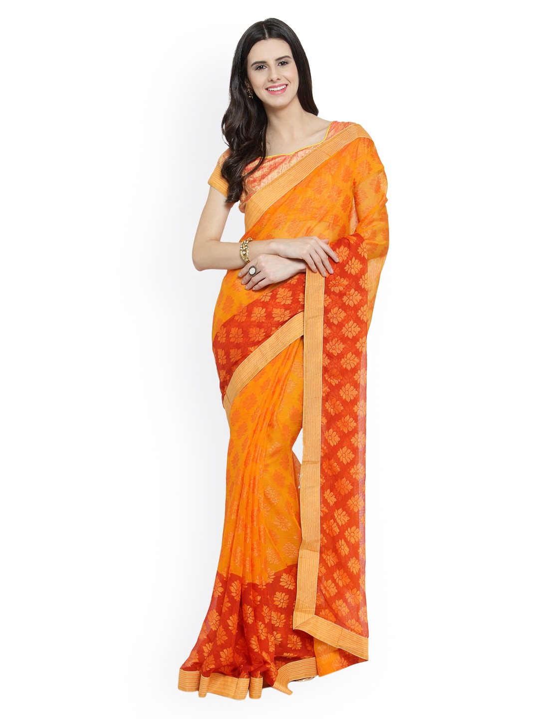 

Shaily Orange Printed Silk Blend Saree