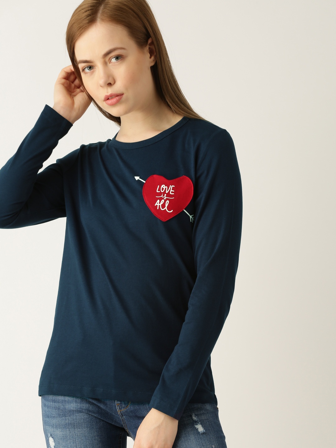

ESPRIT Women Navy Blue Solid Round Neck Pure Cotton T-shirt with Applique Detail