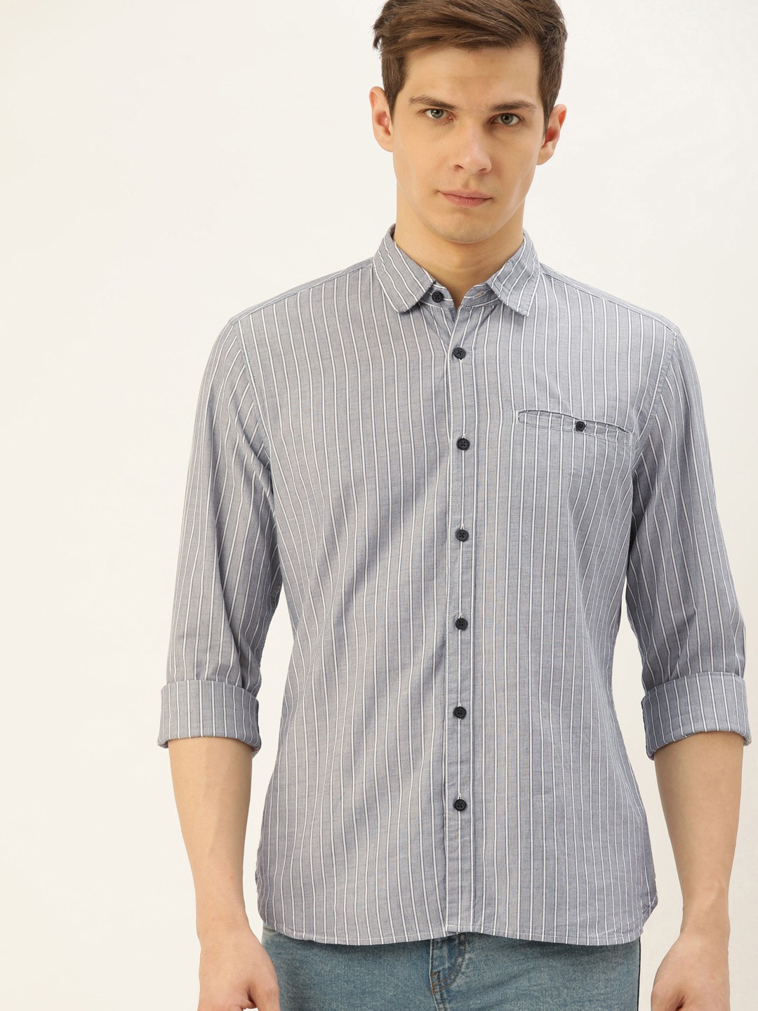 

ESPRIT Men Grey & White Slim Fit Striped Casual Shirt