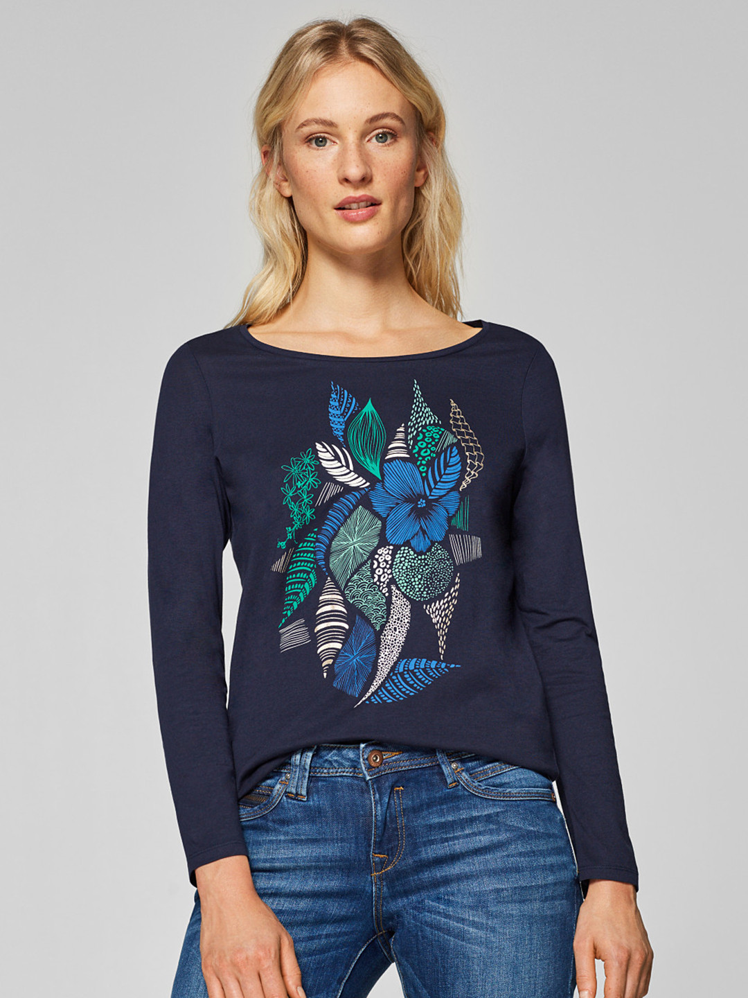 

ESPRIT Women Navy Printed Round Neck T-shirt, Navy blue
