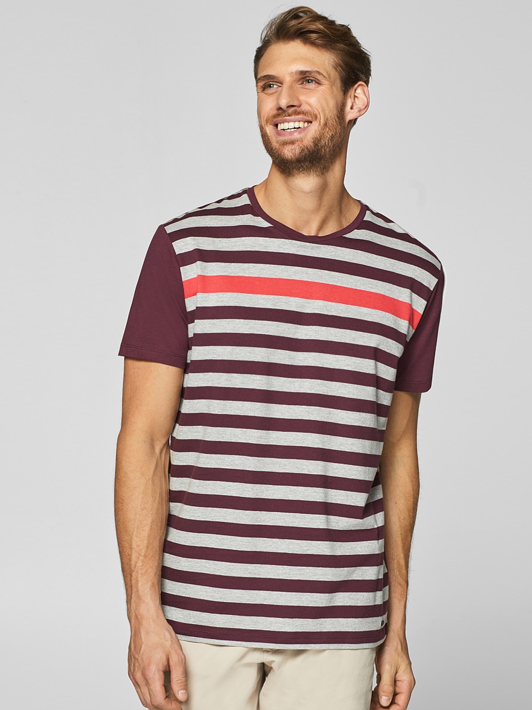 

ESPRIT Men Burgundy & Grey Melange Striped Round Neck T-shirt