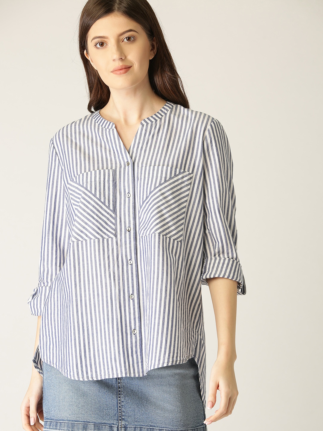 

ESPRIT Women Navy Blue & White Striped Shirt Style Top