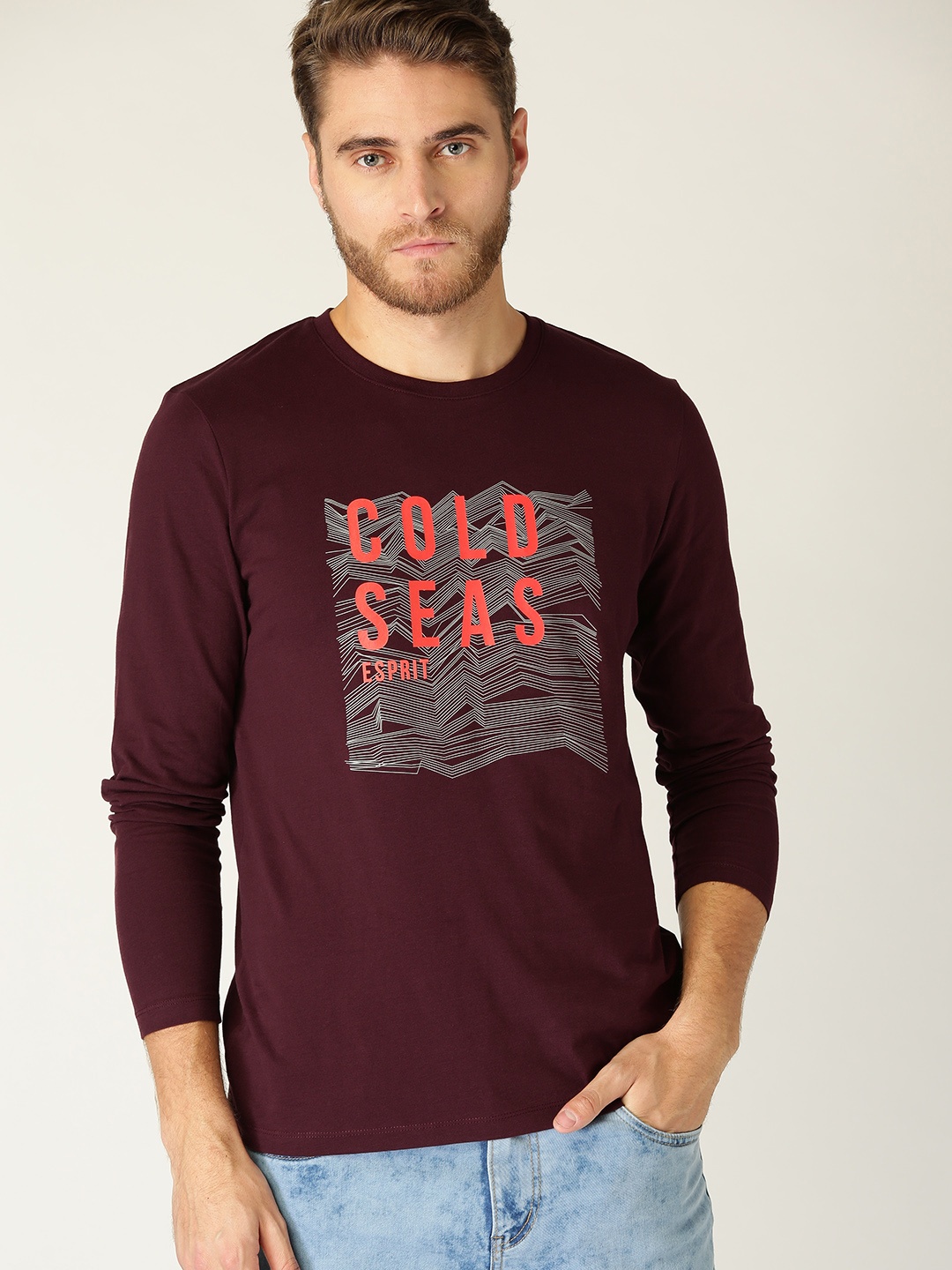 

ESPRIT Men Burgundy Printed Round Neck T-shirt