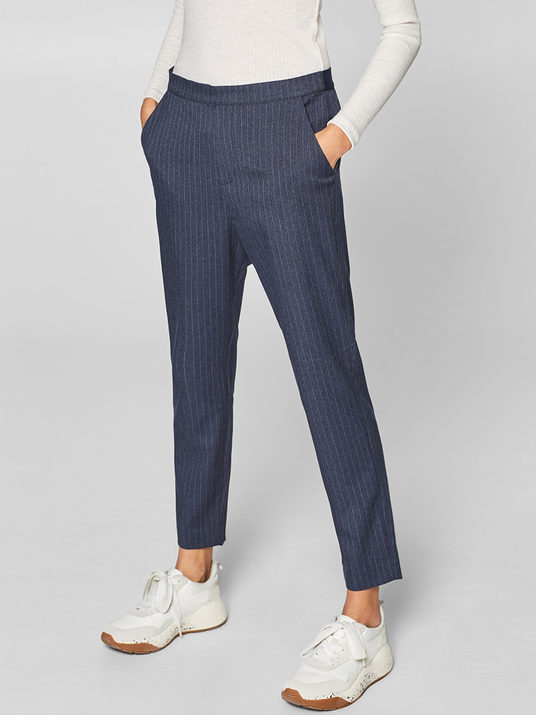 

ESPRIT Women Navy Blue & White Regular Fit Striped Cropped Trousers