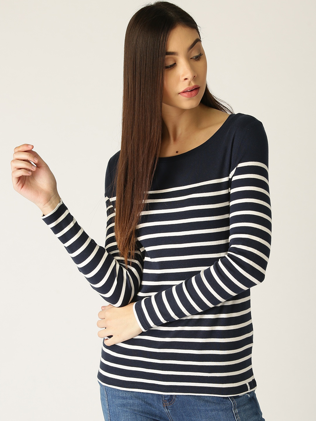 

ESPRIT Women Navy Blue & White Striped Boat Neck T-shirt