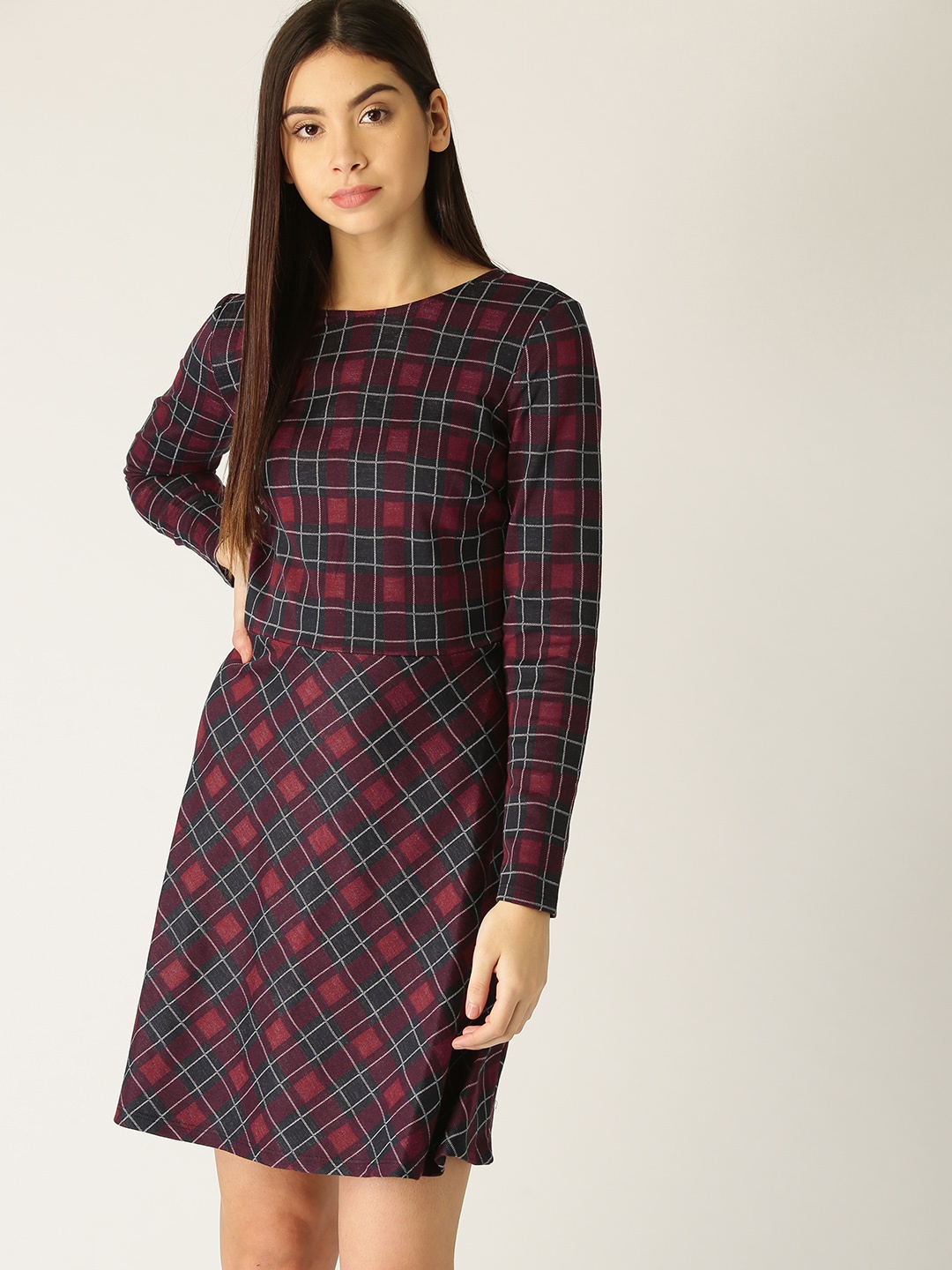 

ESPRIT Women Burgundy & Navy Blue Checked Fit and Flare Dress