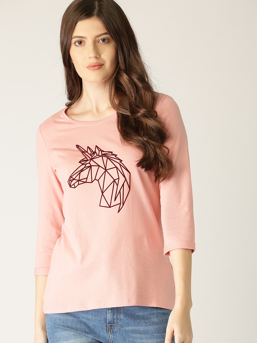 

ESPRIT Women Peach-Coloured Printed Round Neck Pure Cotton T-shirt
