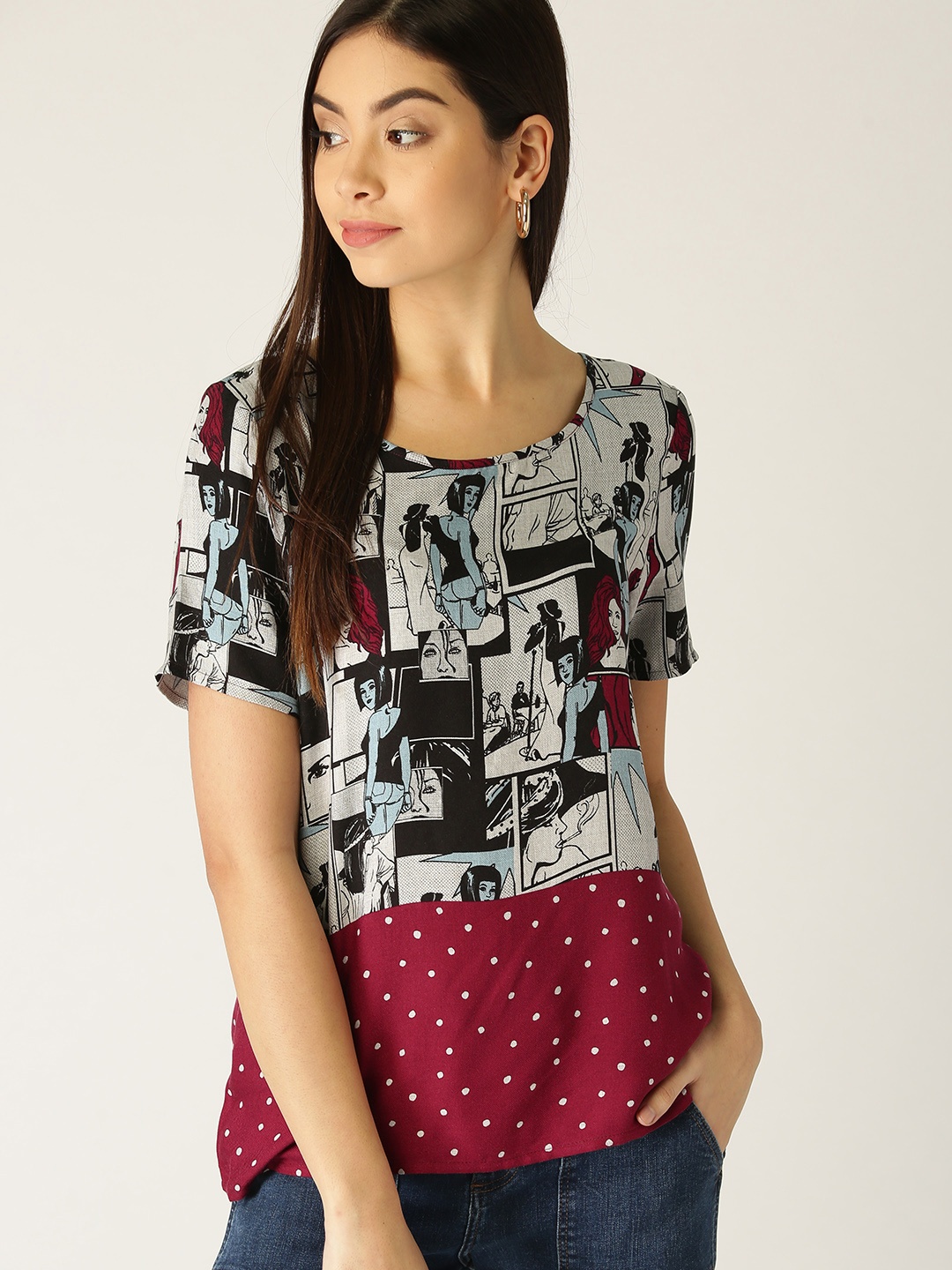 

ESPRIT Women Grey & Maroon Printed Top