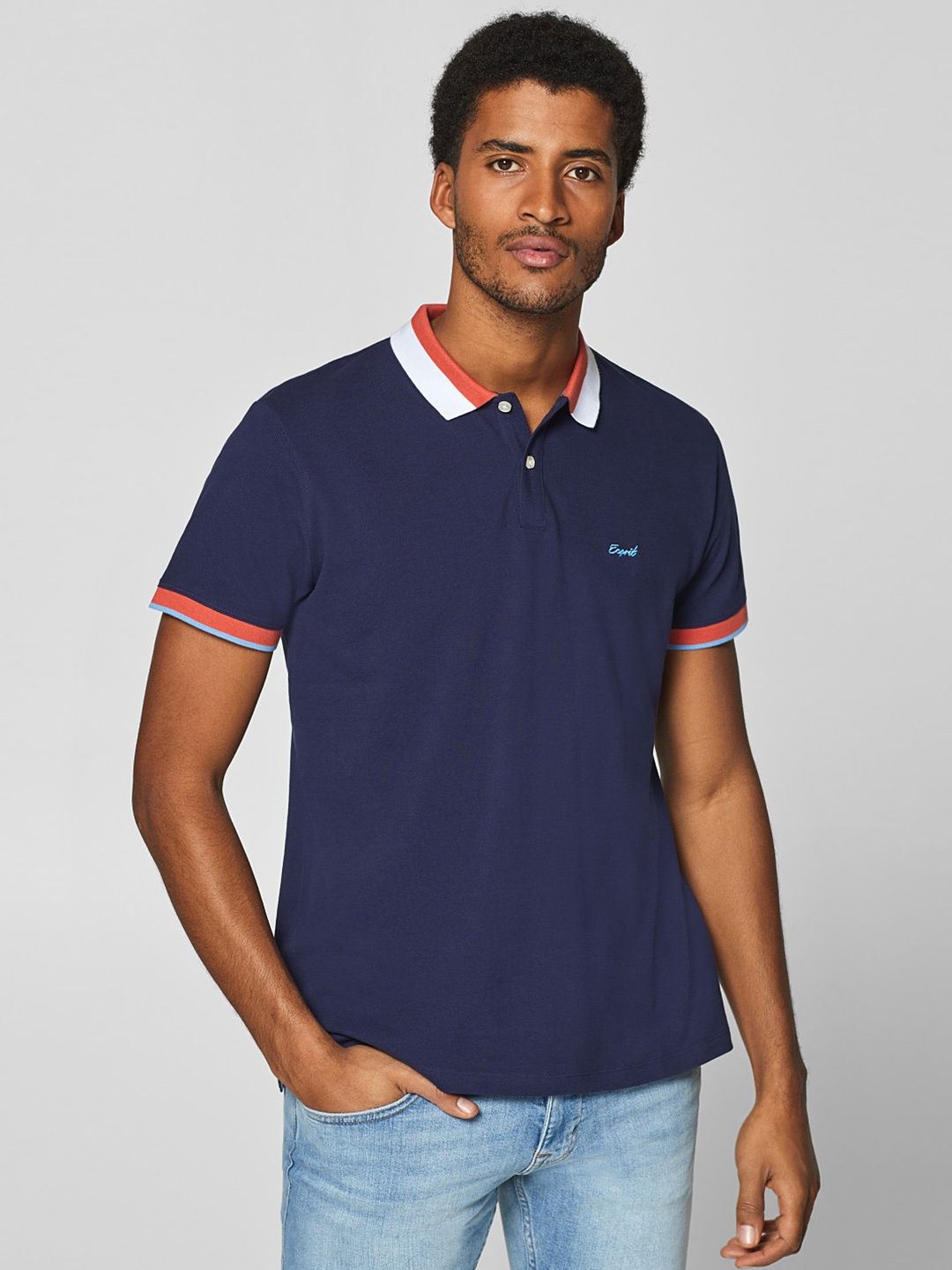 

ESPRIT Men Navy Solid Polo Collar T-shirt, Navy blue