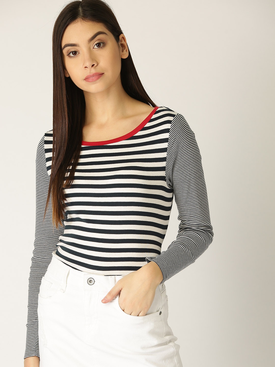 

ESPRIT Women Navy Blue White Striped Round Neck Pure Cotton T-shirt