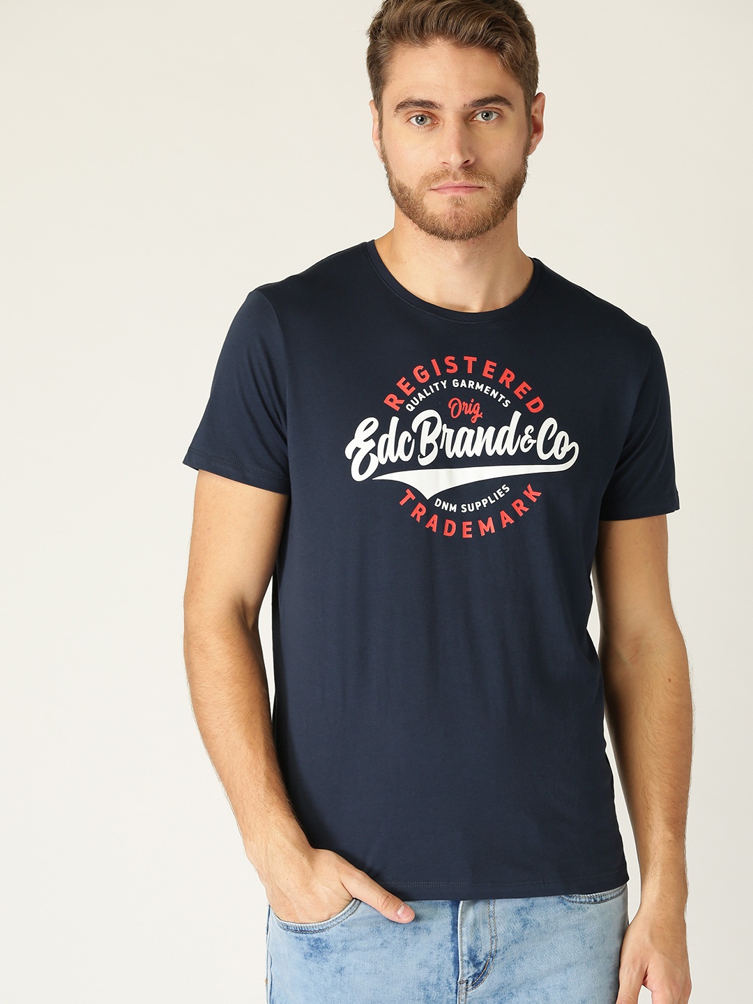 

ESPRIT Men Navy Blue Printed Round Neck Pure Cotton T-shirt
