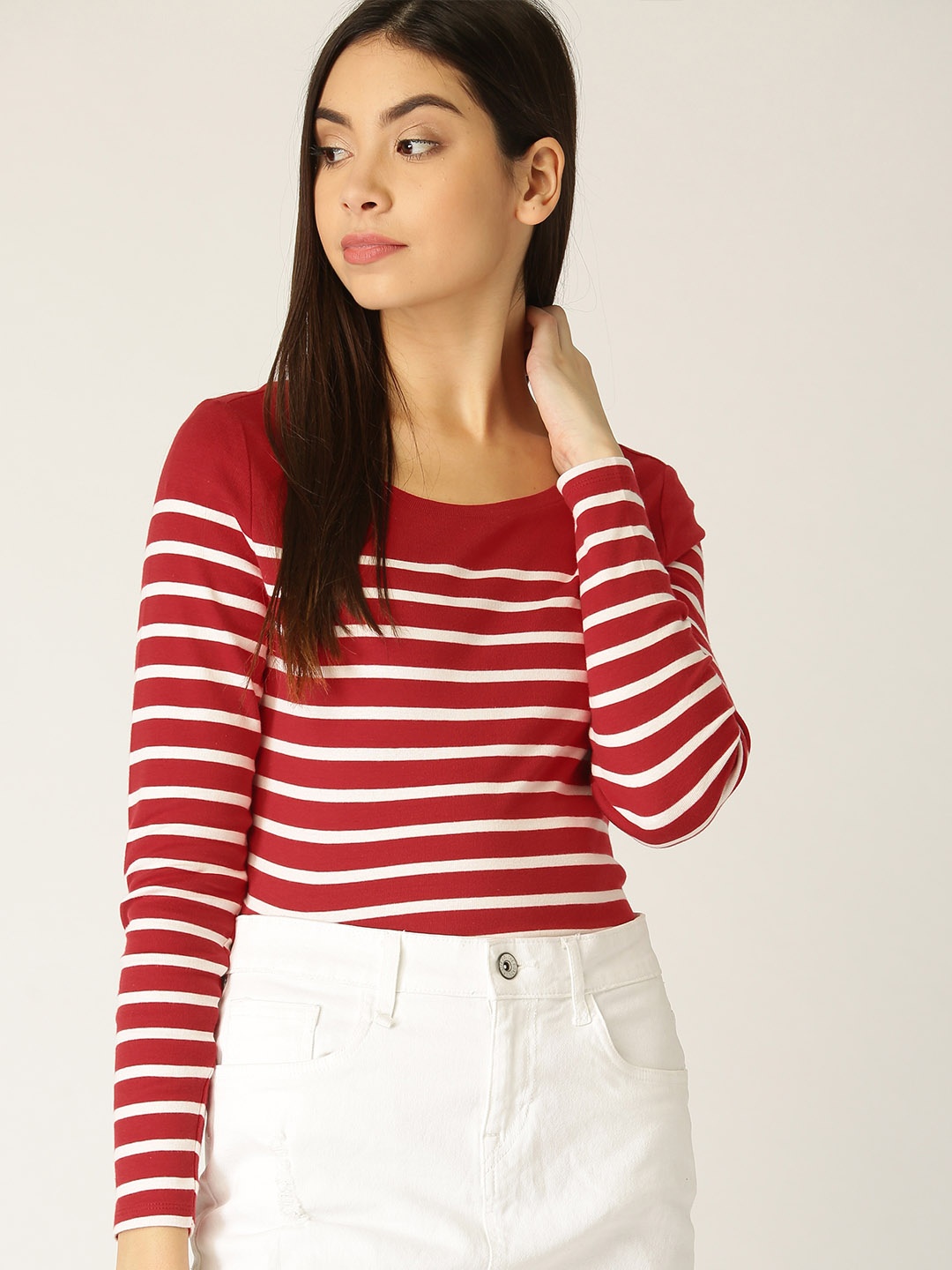 

ESPRIT Women Red White Striped Round Neck Pure Cotton T-shirt