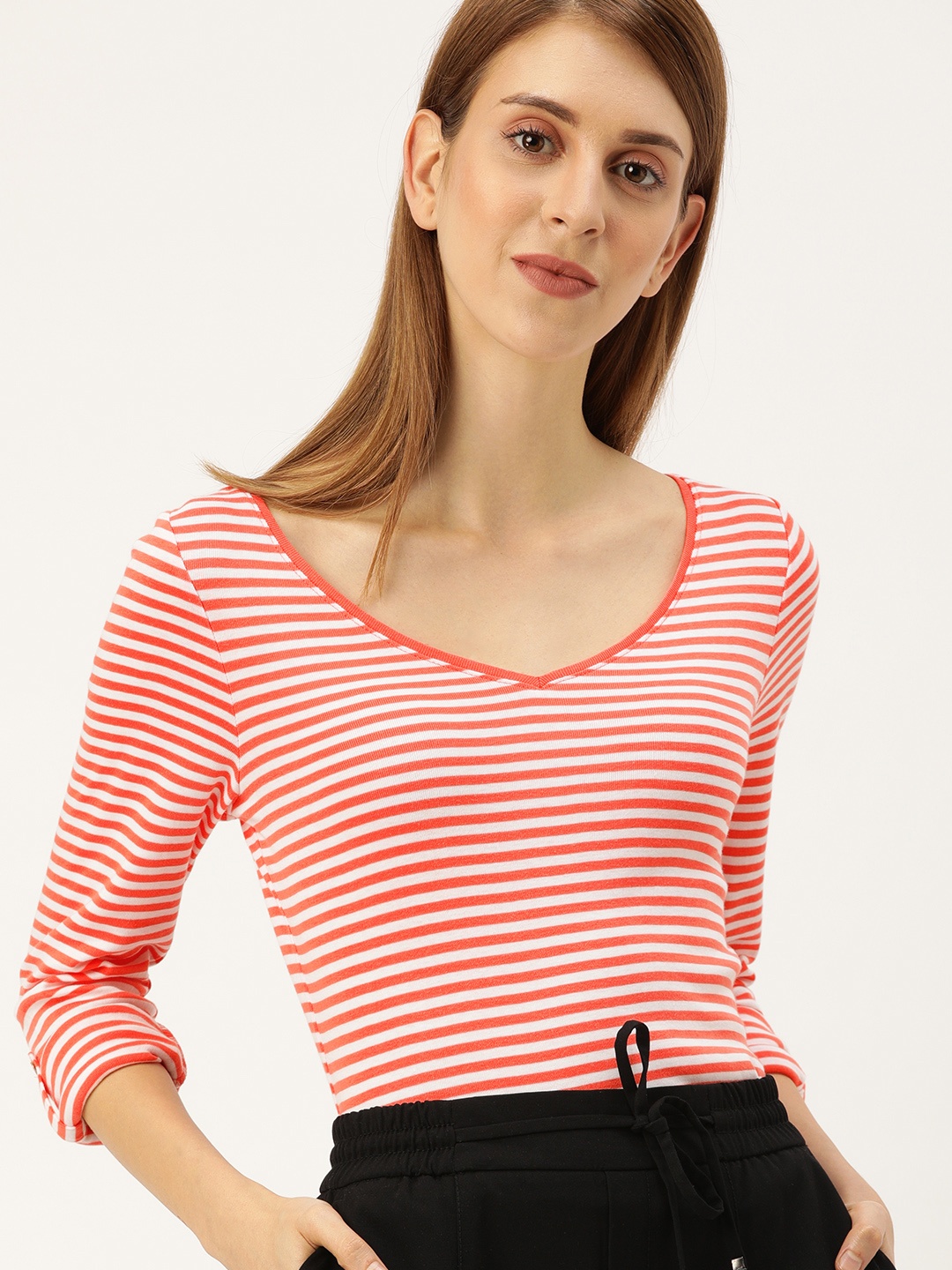 

ESPRIT Women Coral Orange & White Striped V-Neck T-shirt