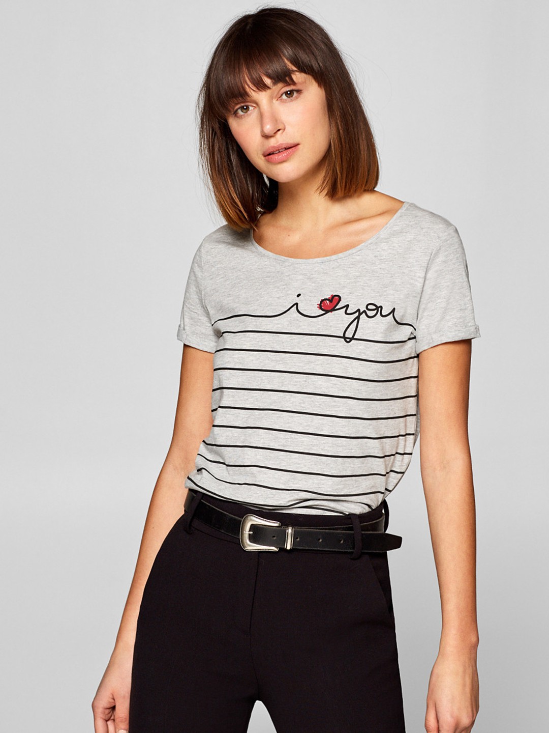

ESPRIT Women Grey Melange Striped Round Neck T-shirt