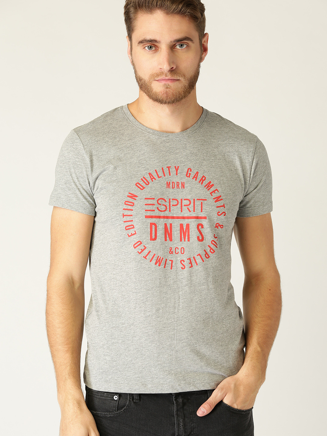 

ESPRIT Men Grey Melange Printed Round Neck T-shirt