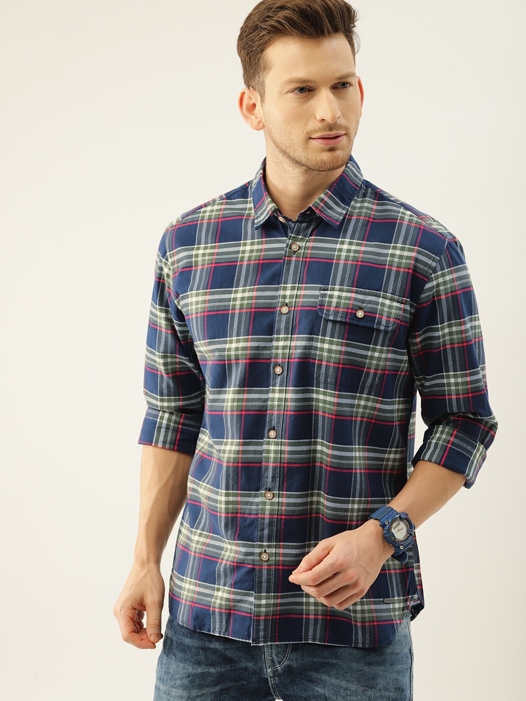 

ESPRIT Men Navy Blue & Olive Green Regular Fit Checked Casual Shirt