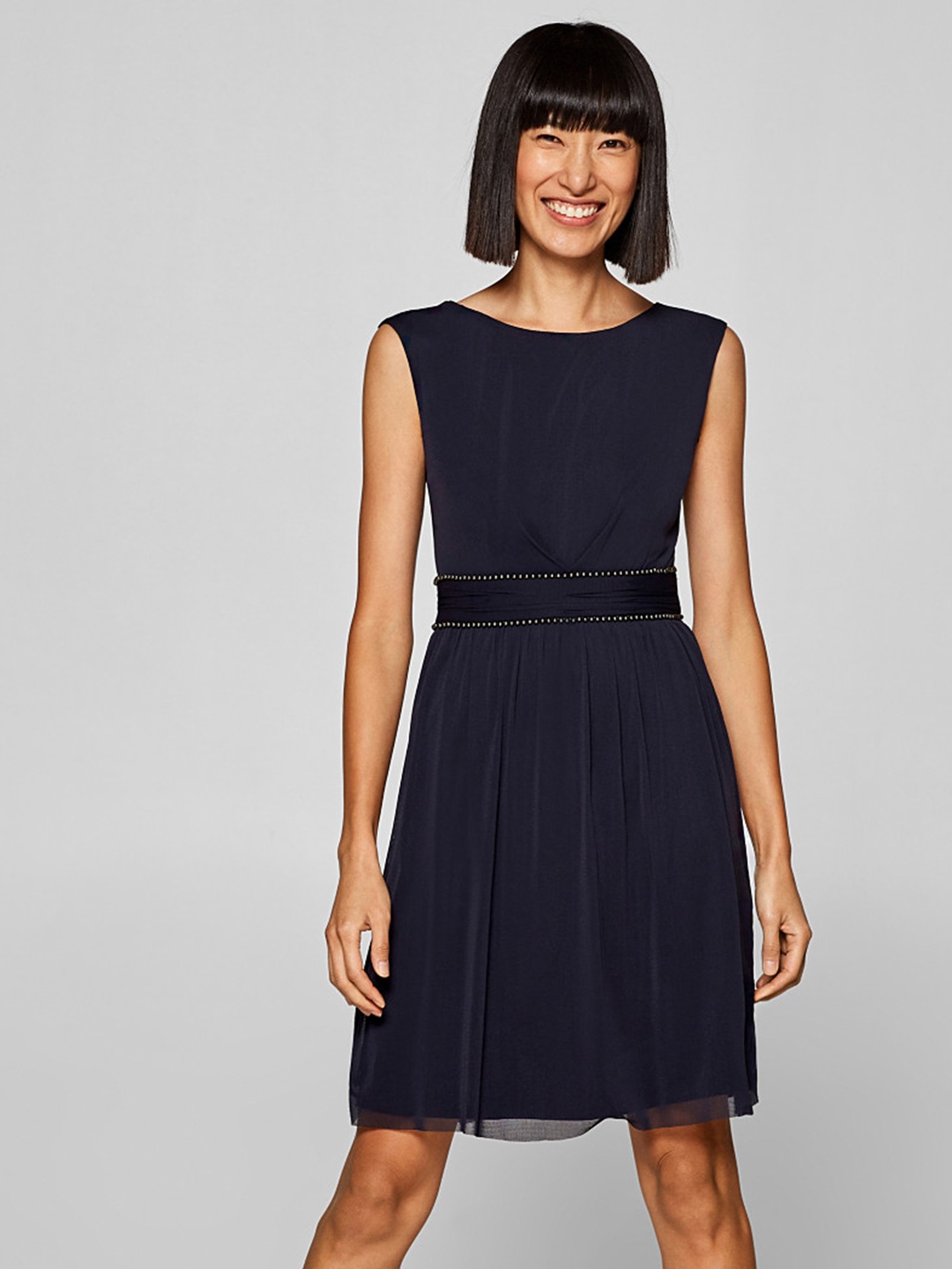 

ESPRIT Women Navy Blue Net Solid Fit & Flare Dress