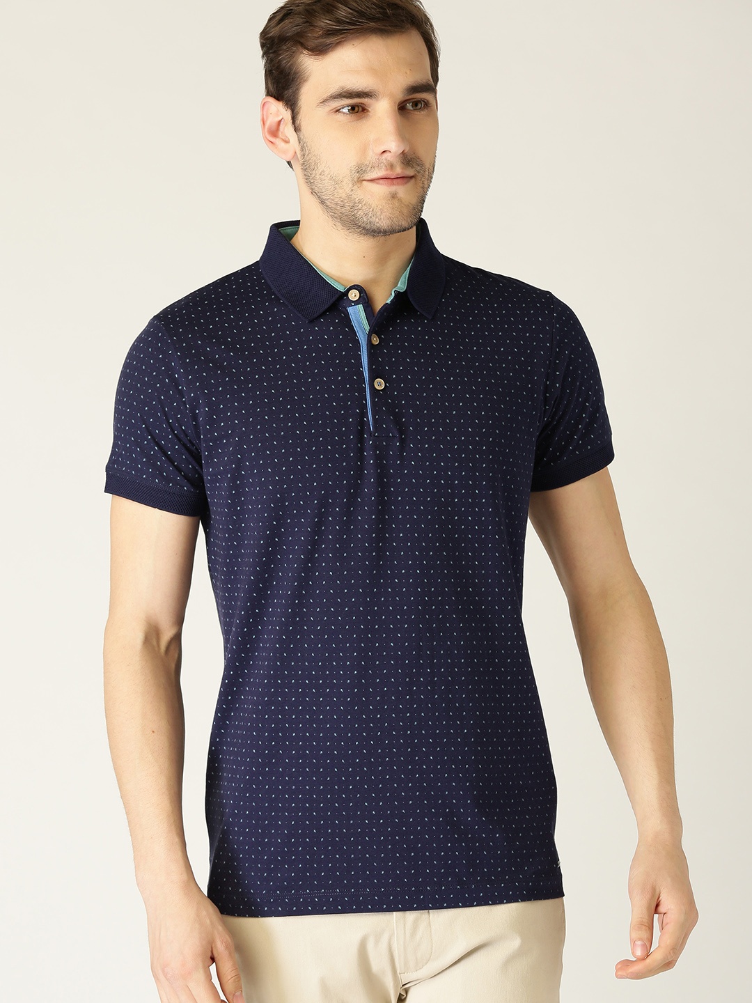 

ESPRIT Men Navy Blue Printed Slim Fit Polo Collar Pure Cotton T-shirt