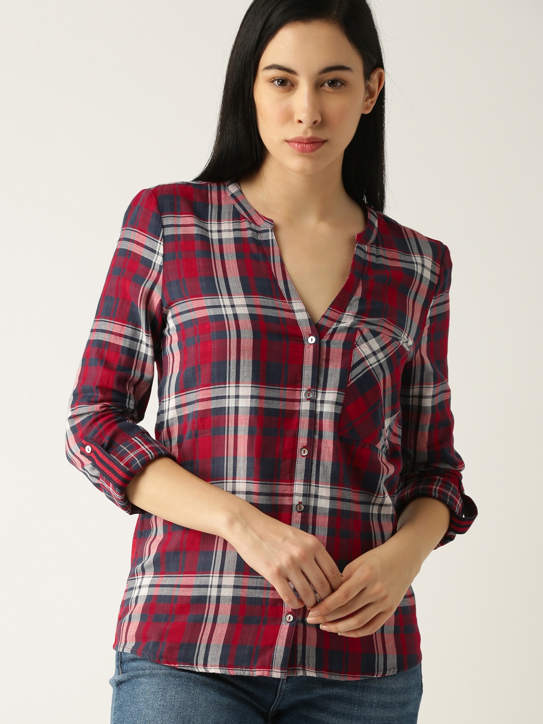 

ESPRIT Women Red & Navy Blue Regular Fit Checked Casual Shirt