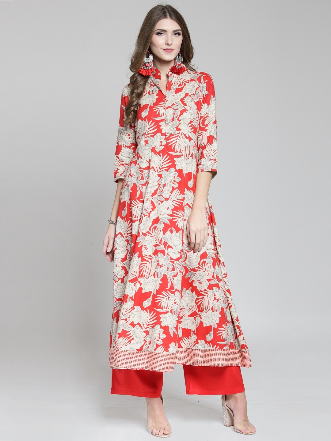 

Sera Women Red & Off-White Floral Printed A-Line Kurta