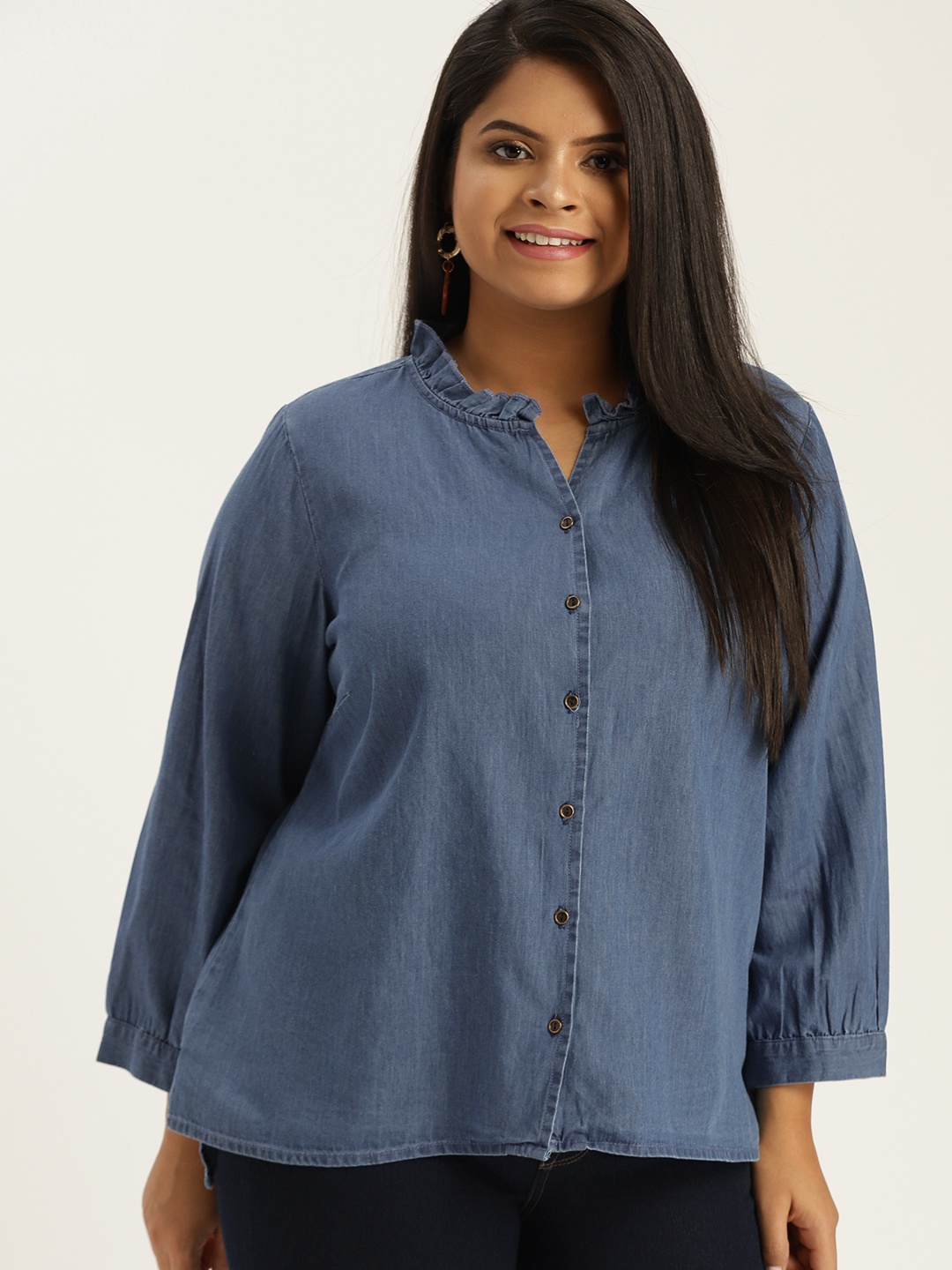 

Sztori Plus Size Women Blue Solid Chambray Shirt Style Pure Cotton Top