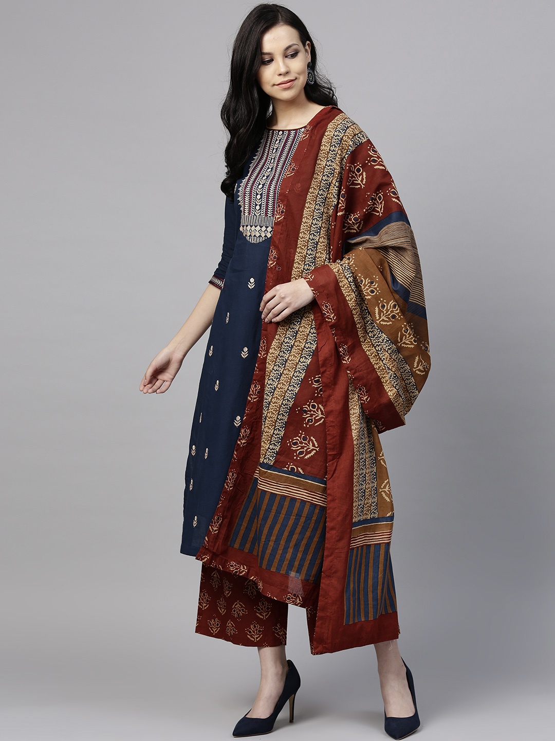 

Rain & Rainbow Women Navy Blue & Brown Embroidered Kurta with Palazzos & Dupatta