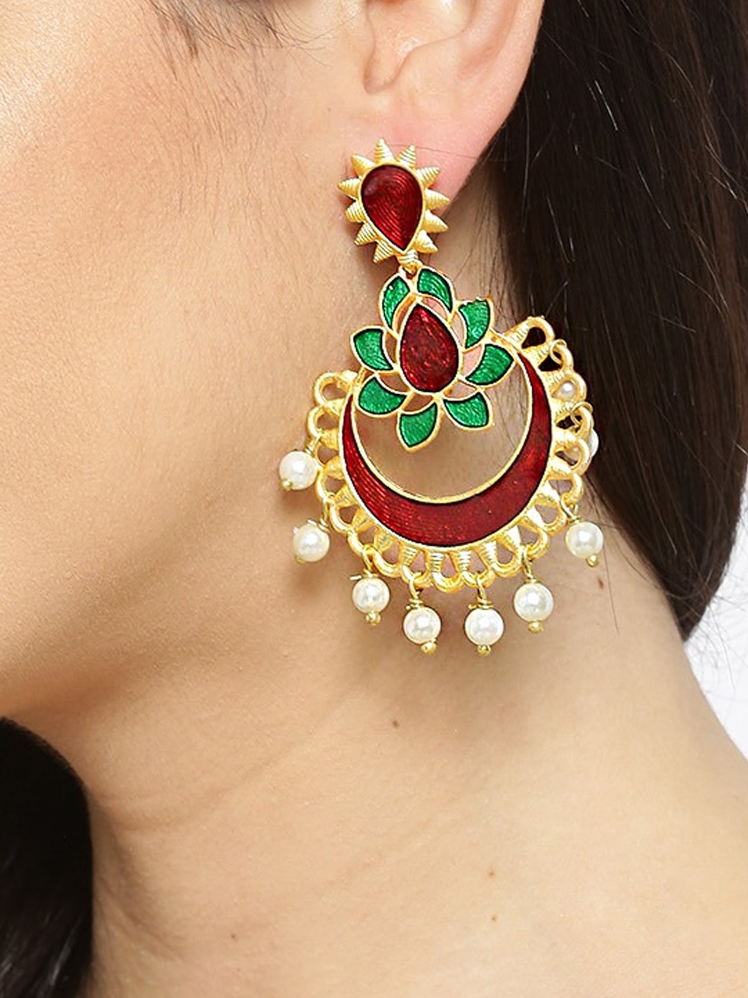 

YouBella Red Gold-Plated Enamelled & Beaded Crescent Shaped Chandbalis