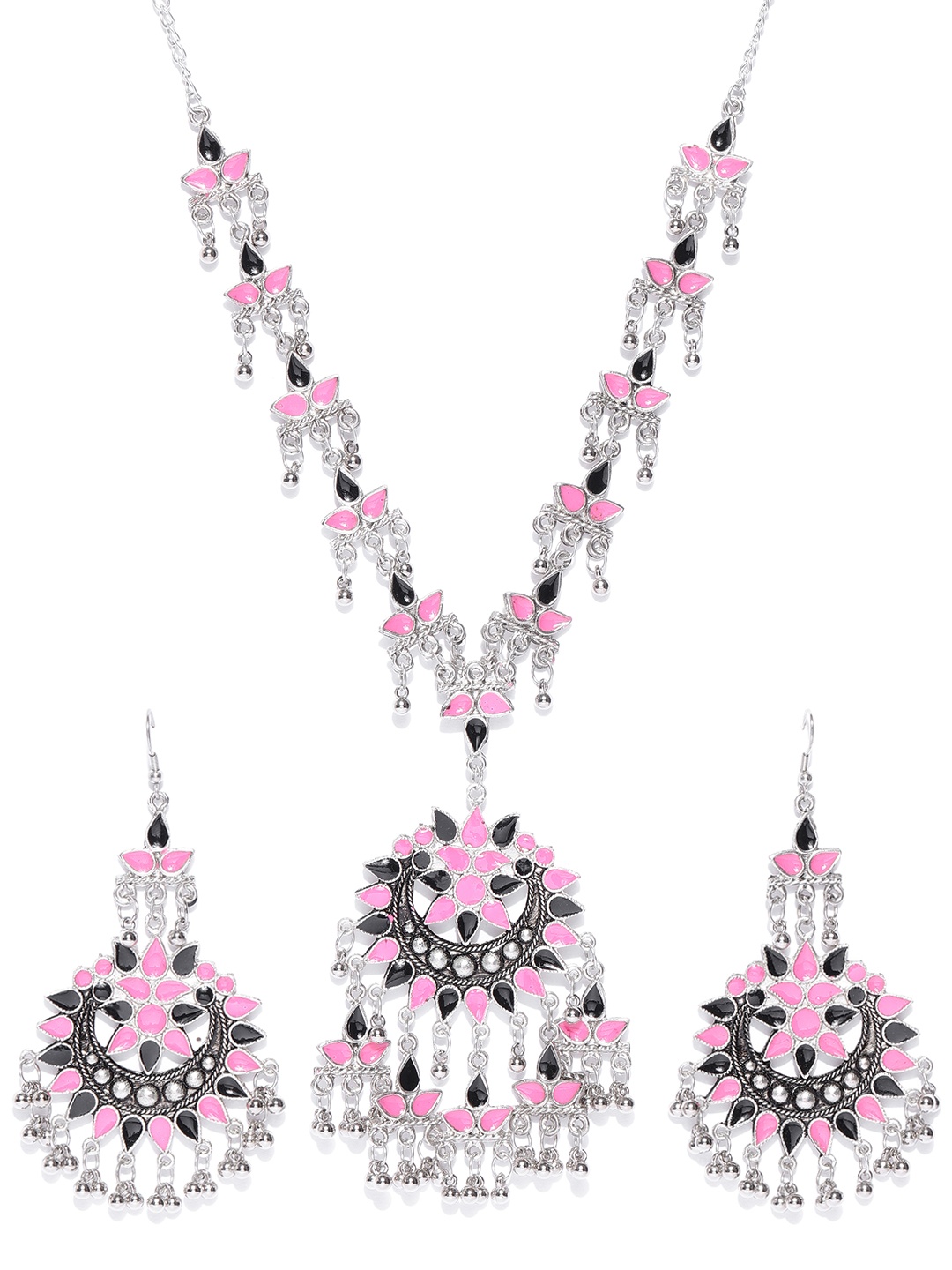 

YouBella Oxidised Silver-Toned & Pink Enamelled Jewellery Set
