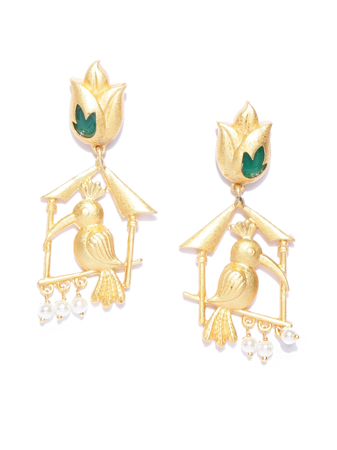 

YouBella Gold-Plated & Green Stone-Studded Quirky Drop Earrings