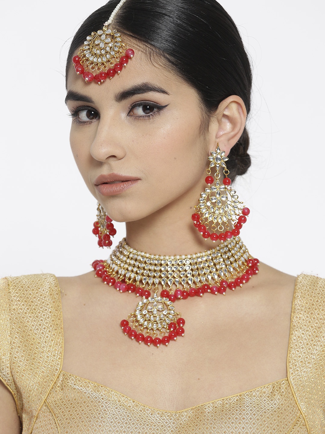 

YouBella Gold-Toned & Red Beaded Stone-Studded Jewellery Set