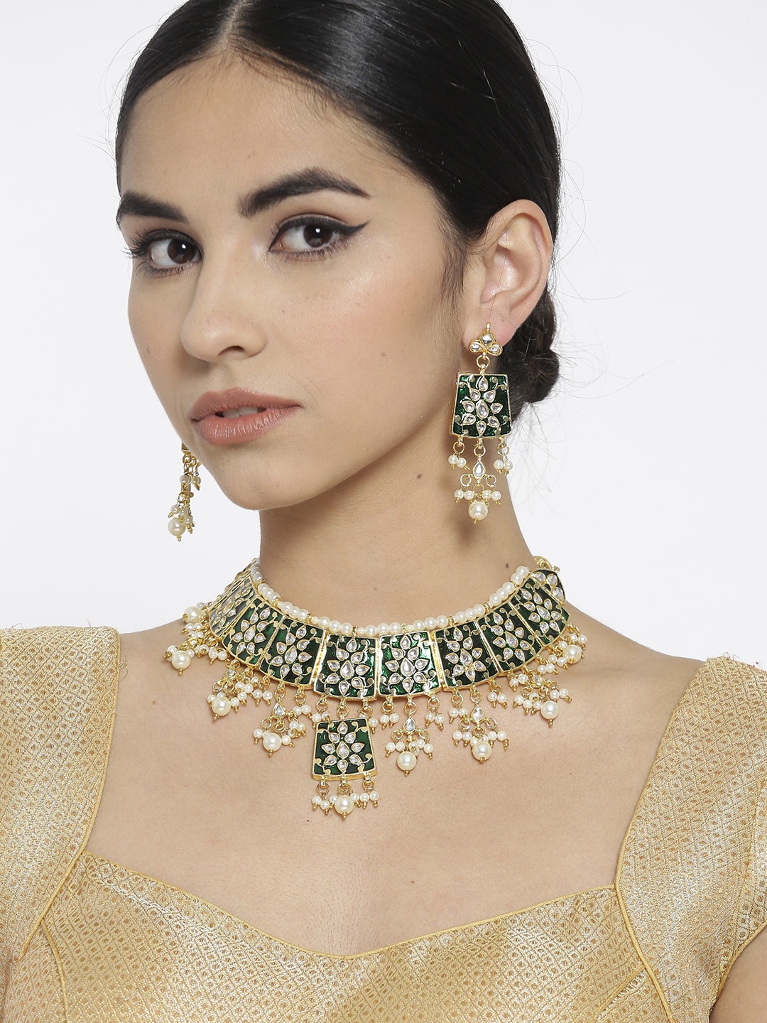 

YouBella Gold-Toned & Green Enamelled Stone-Studded Jewellery Set