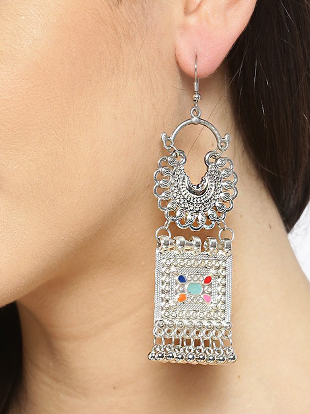 

YouBella Silver-Plated Textured Enamelled Geometric Drop Earrings