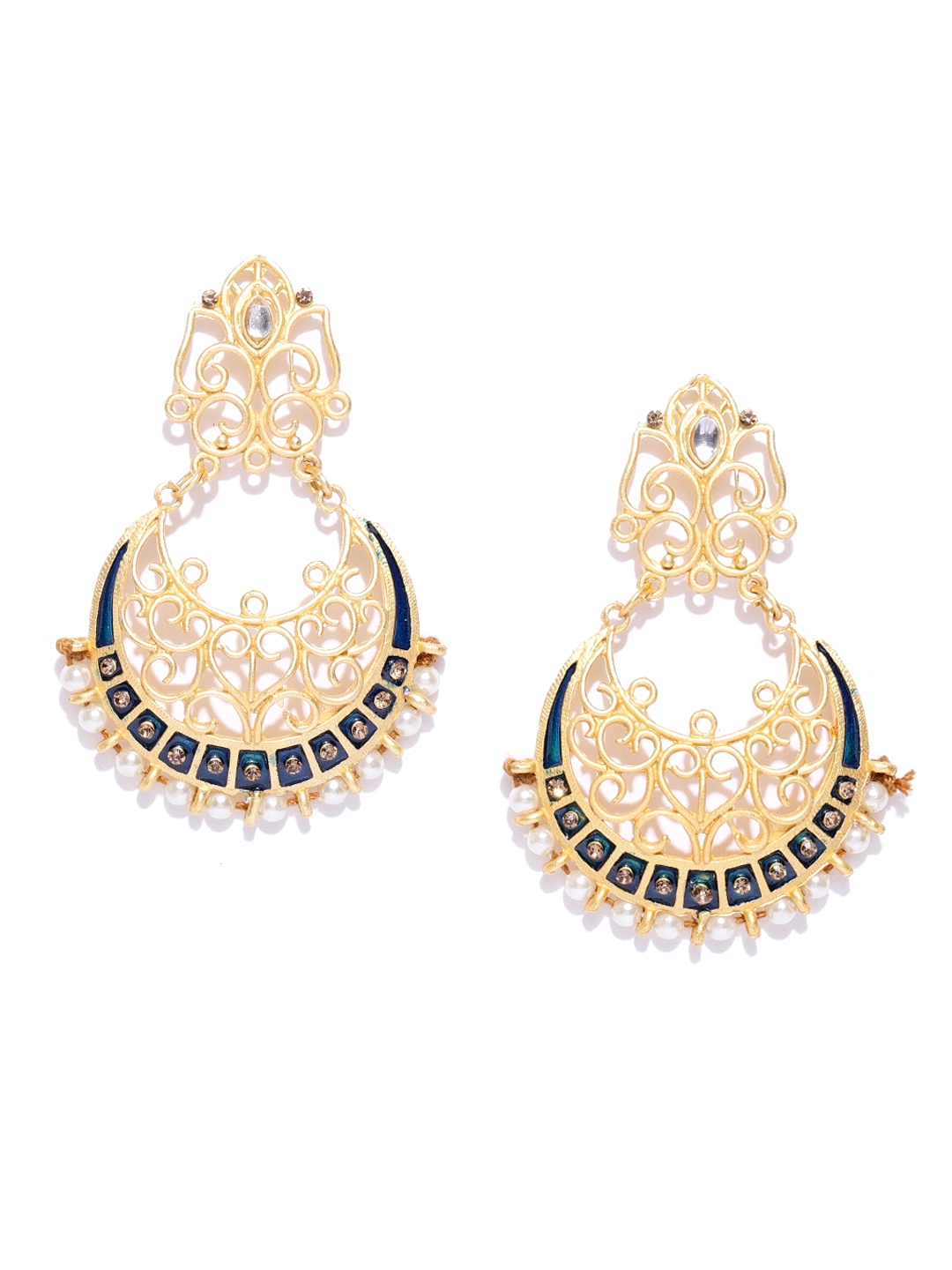 

YouBella Navy Blue Gold-Plated Stone-Studded Crescent Shaped Chandbalis