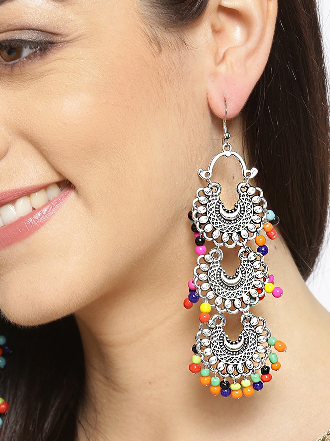 

YouBella Oxidised Silver-Plated Beaded Crescent Shaped Chandbalis