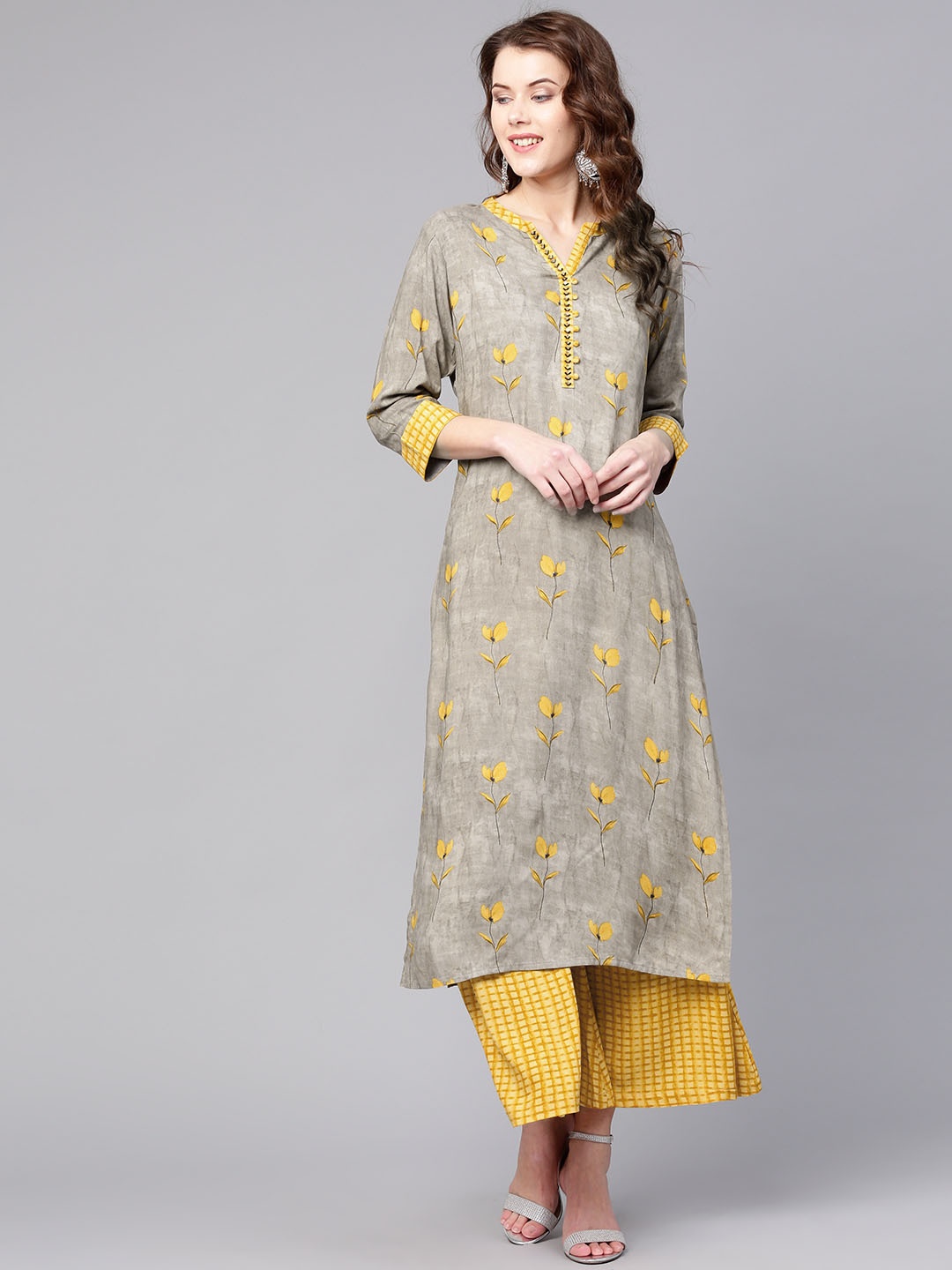 

Shree Women Grey & Mustard Yellow Printed Kurta with Palazzos