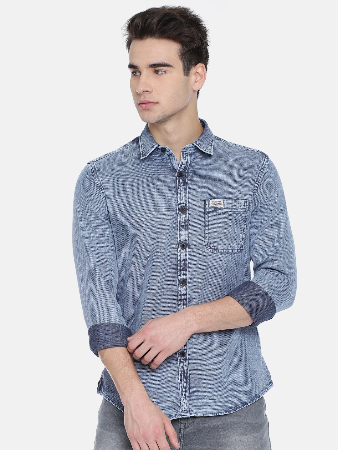 

U.S. Polo Assn. Denim Co. Men Blue Regular Fit Self Design Chambray Casual Shirt