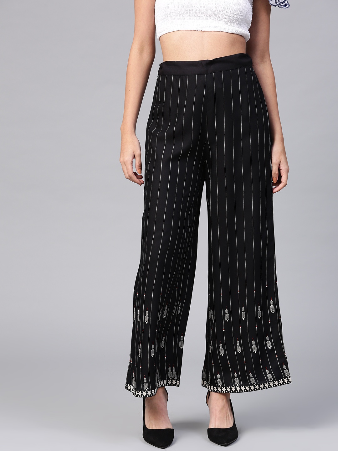 

W Women Black & Off-White Striped Wide Leg Palazzos