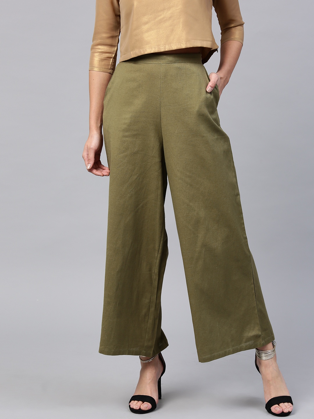 

W Women Olive Green Wide Leg Solid Palazzos