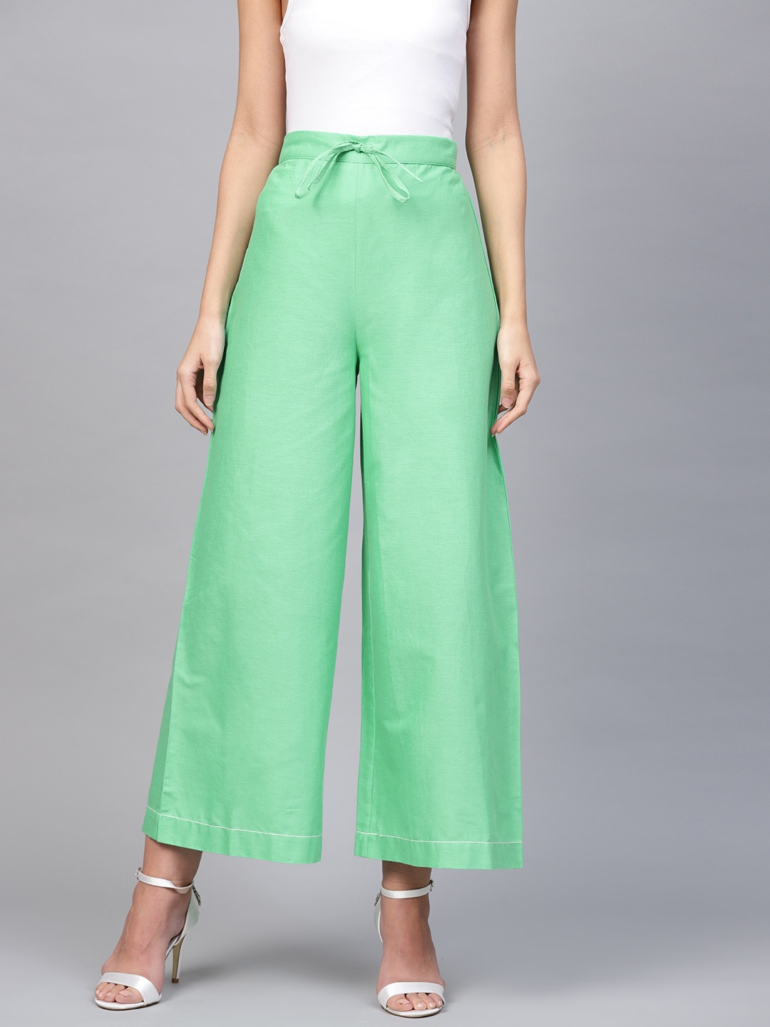 

W Women Green Solid Cropped Wide Leg Palazzos