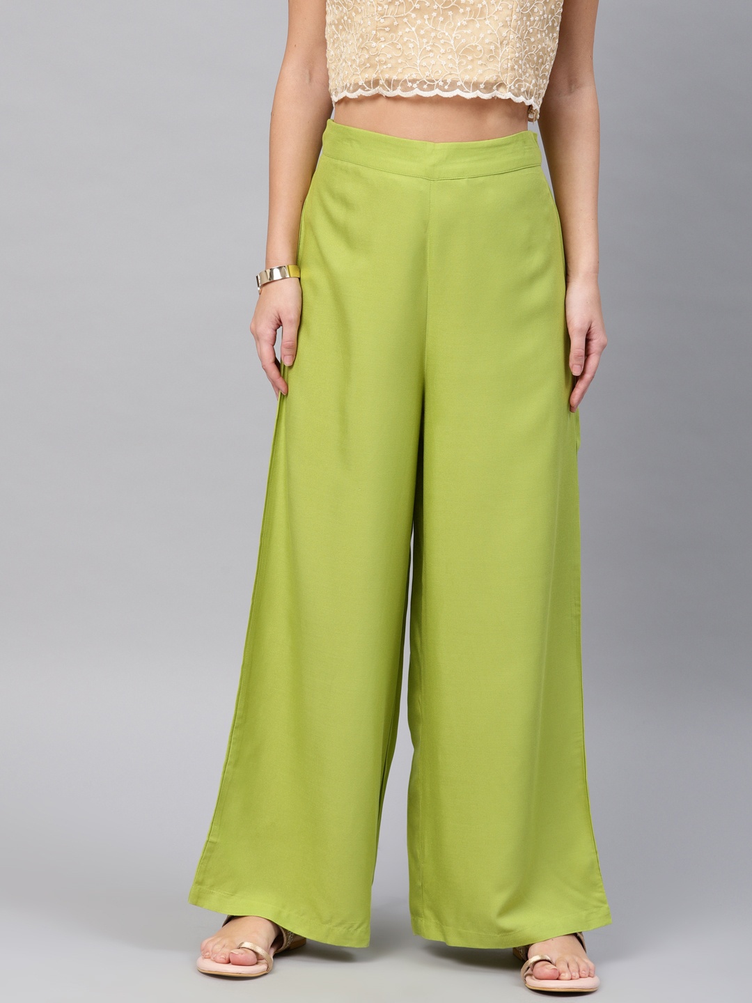 

W Women Green Wide Leg Solid Palazzos