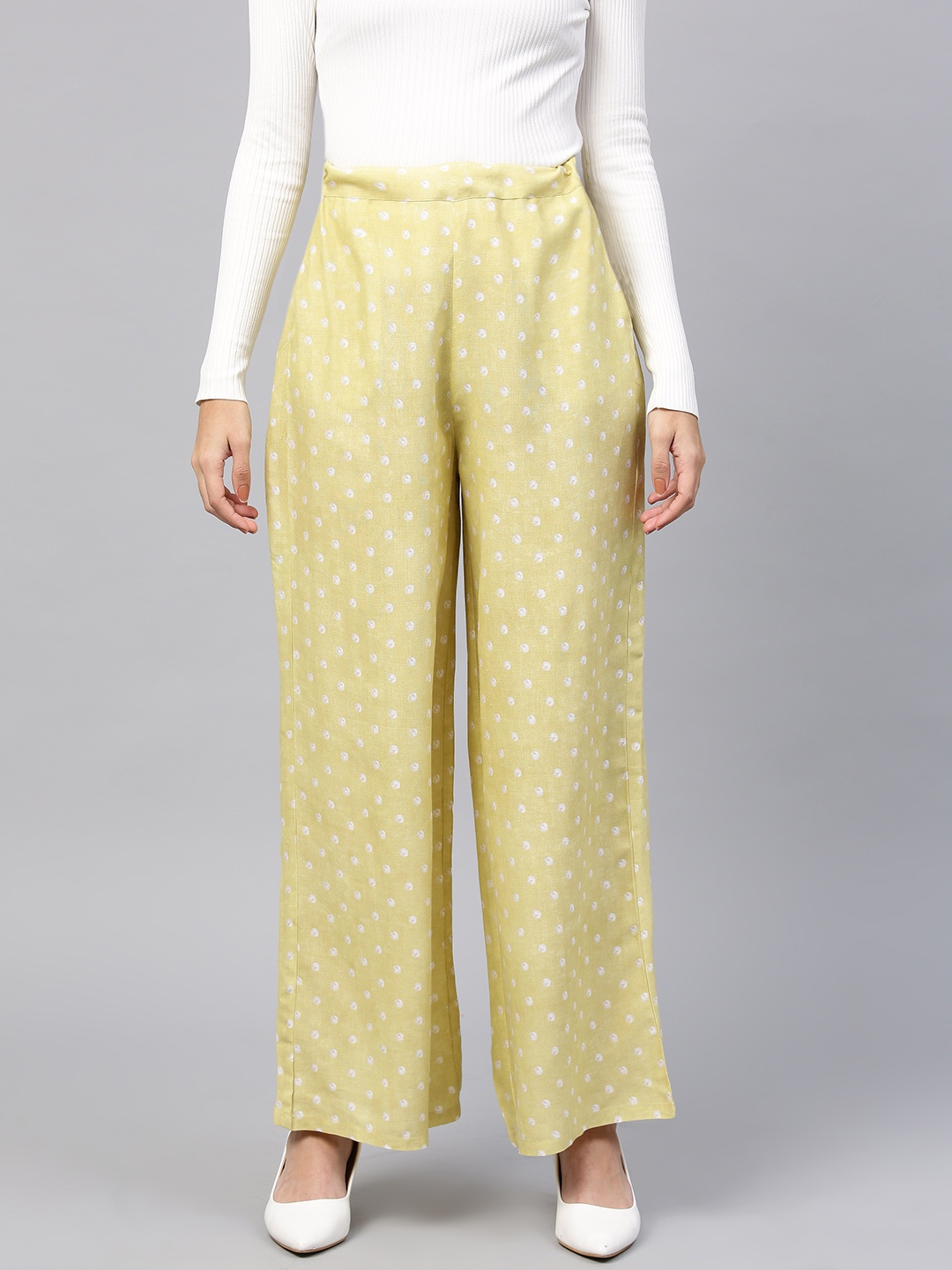 

W Women Green & White Polka Dot Print Straight Palazzos