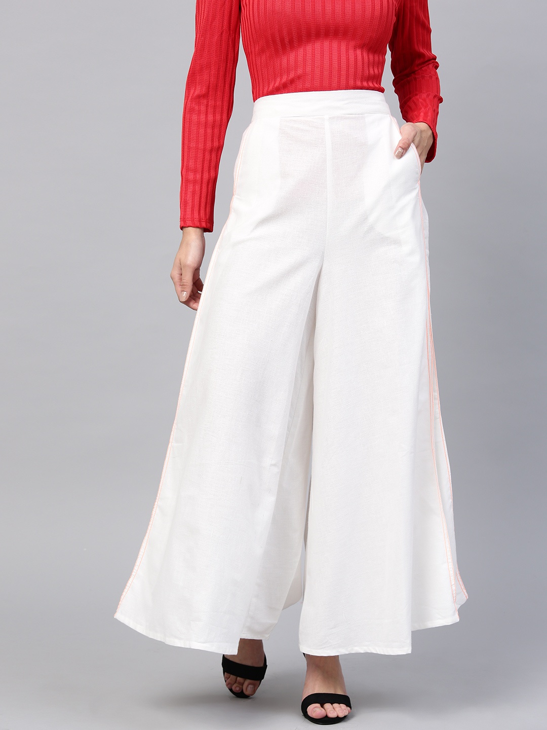 

W Women White Solid Flared Palazzos